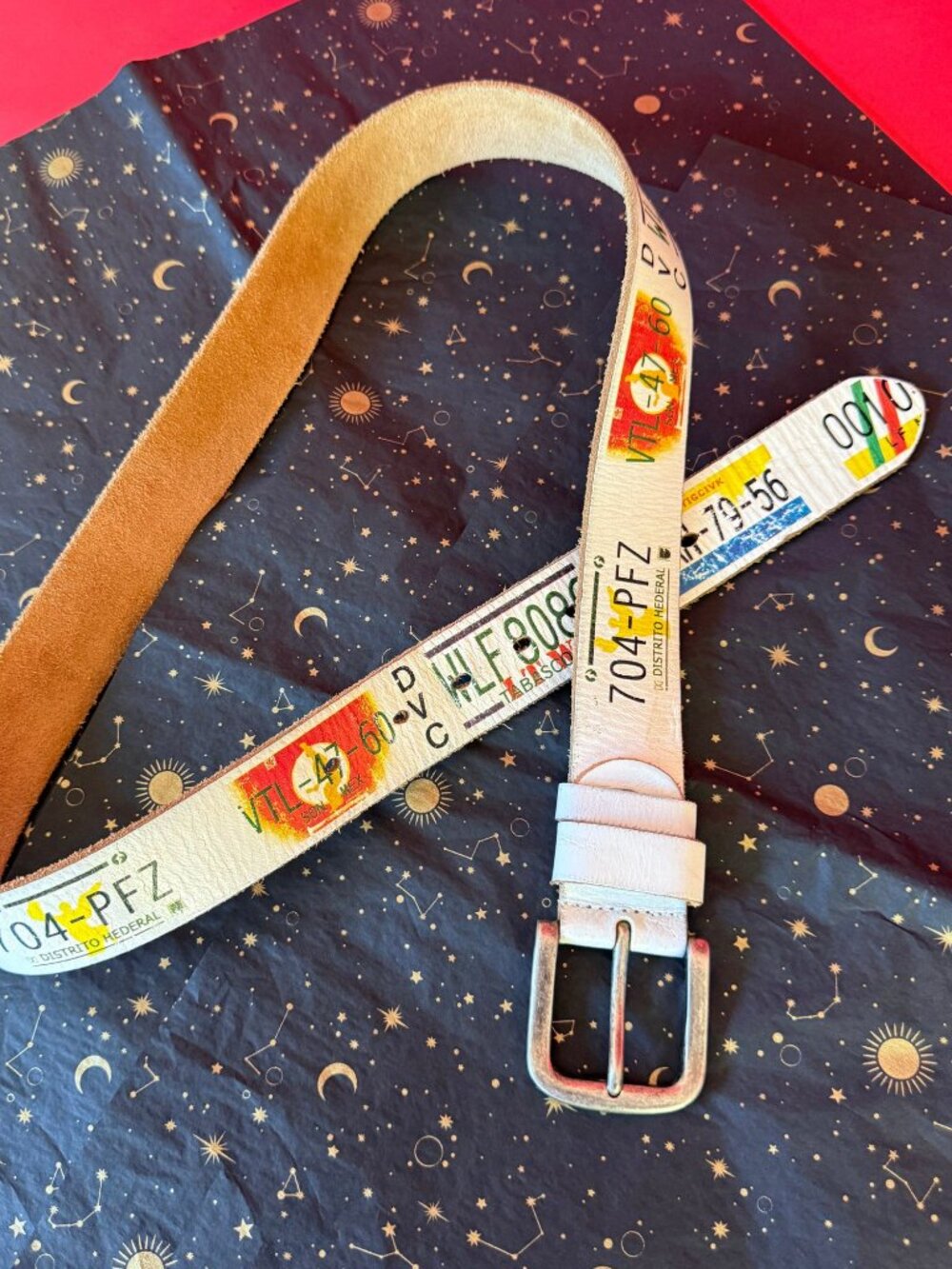 Vintage Mexican License Plate Leather Belt, Fits 34–40"